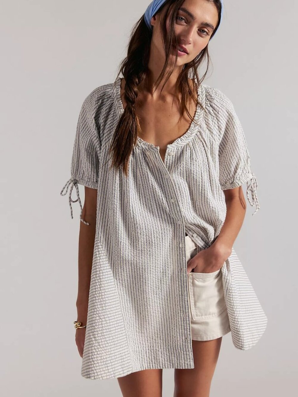 NWOT - Free People - Farley Striped Tunic - Grey/Ivory Seersucker Stripe - Sz S